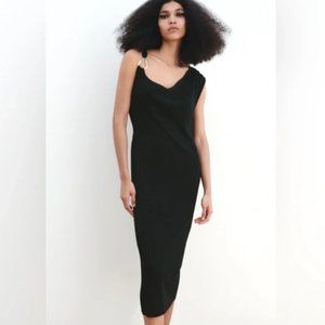 NWT ZARA BUCKLED SHOULDER KNIT BLACK MIDI DRESS